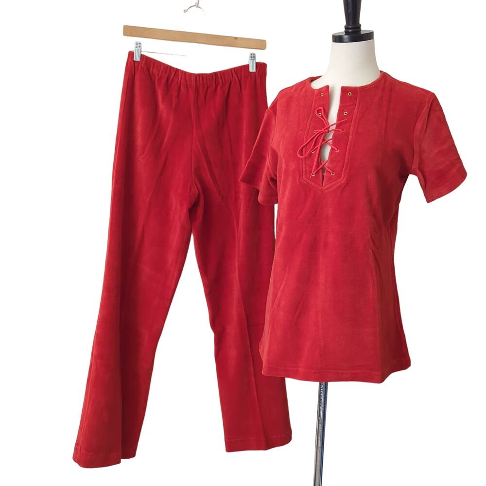 Vintage 60s-70s Donnkenny Women Pants Suit Set Velvet Velour Red Orange‎ EUC L